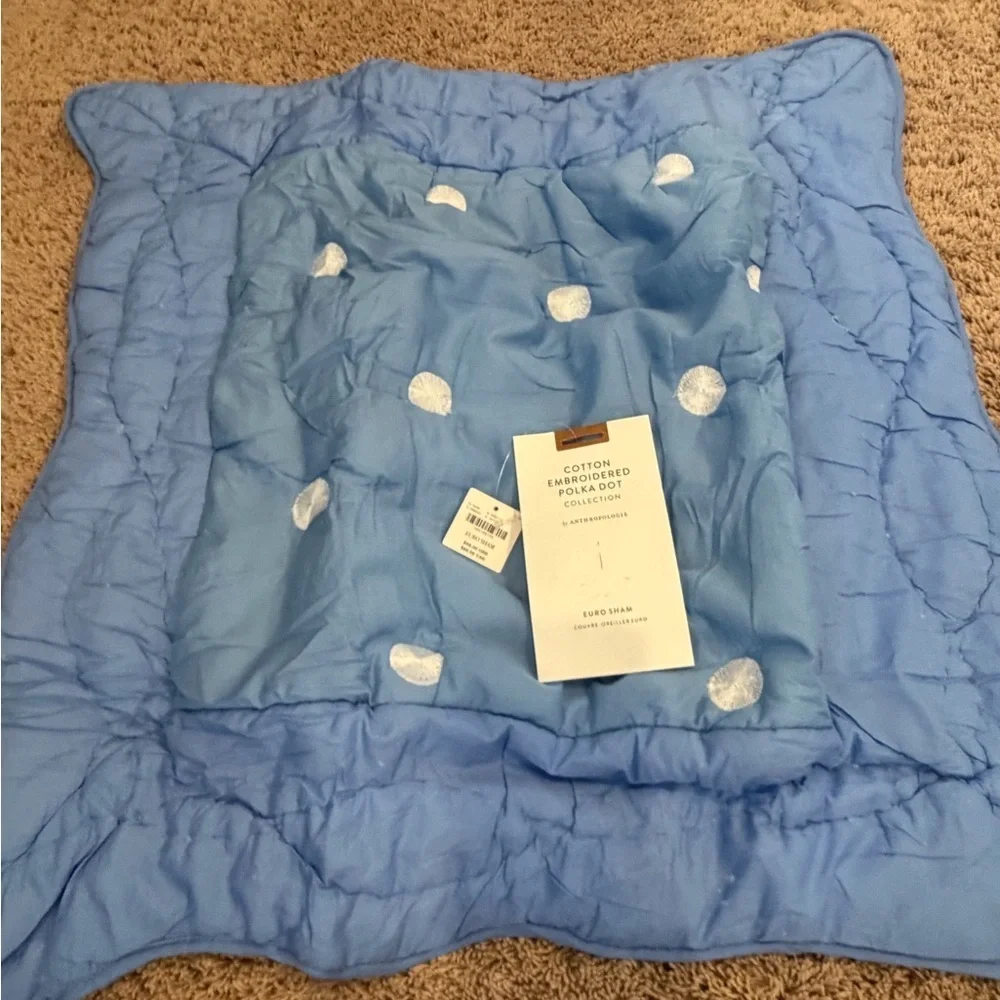 NWT new Anthropologie cotton embroidered polka dot euro sham pillow Blue White